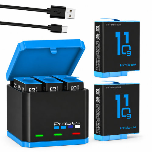 Zestaw 2x Akumulator 1850 mAh do GoPro Hero 11 10 9 Black + Potrójna Ładowarka USB-C Zamykana Box
