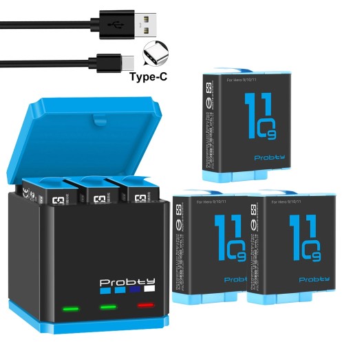 Zestaw 3x Akumulator 1850 mAh do GoPro Hero 11 10 9 Black + Potrójna Ładowarka USB-C Zamykana Box