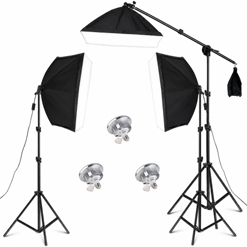 Zestaw Oświetlenia Studyjnego Softbox 3x70W LED + Wysięgnik Boom Statywy Studio Foto