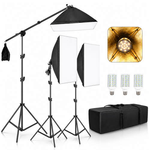 Profesjonalny Zestaw Oświetlenia Studyjnego Softbox LED 3x135W z Wysięgnikiem Boom i Torbą